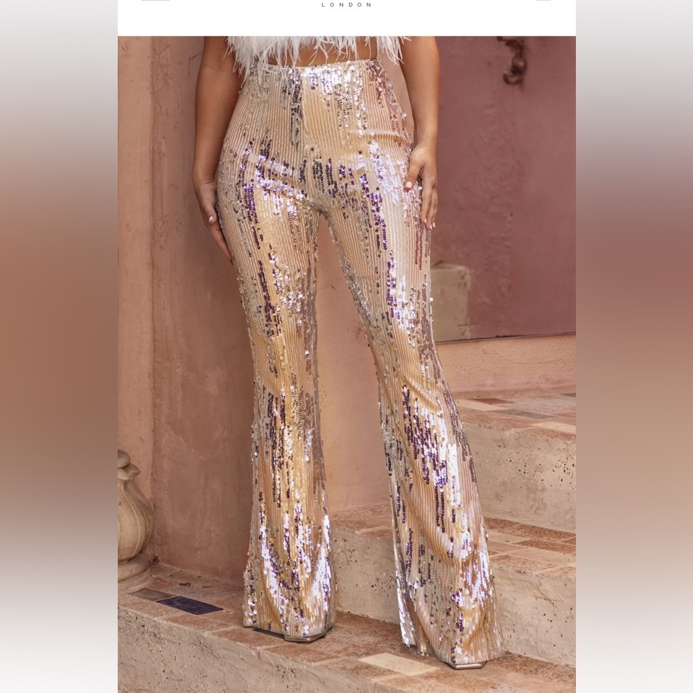 Club L London DROPPING HINTS 
CHAMPAGNE SEQUIN WIDE LEG TROUSERS